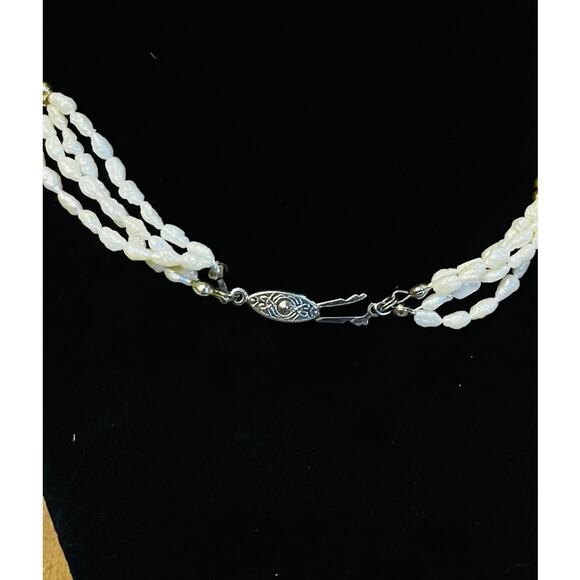 Vintage Multi-Strand Iridescent Rice Pearls, Amethyst & Gold Bead 16" Necklace - Picture 3 of 4